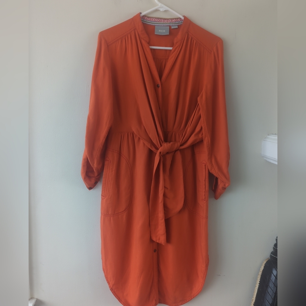 Anthropology Maeve Orange Button-Up MIDI Dress with Wrap Waist Sz6 Small Pull